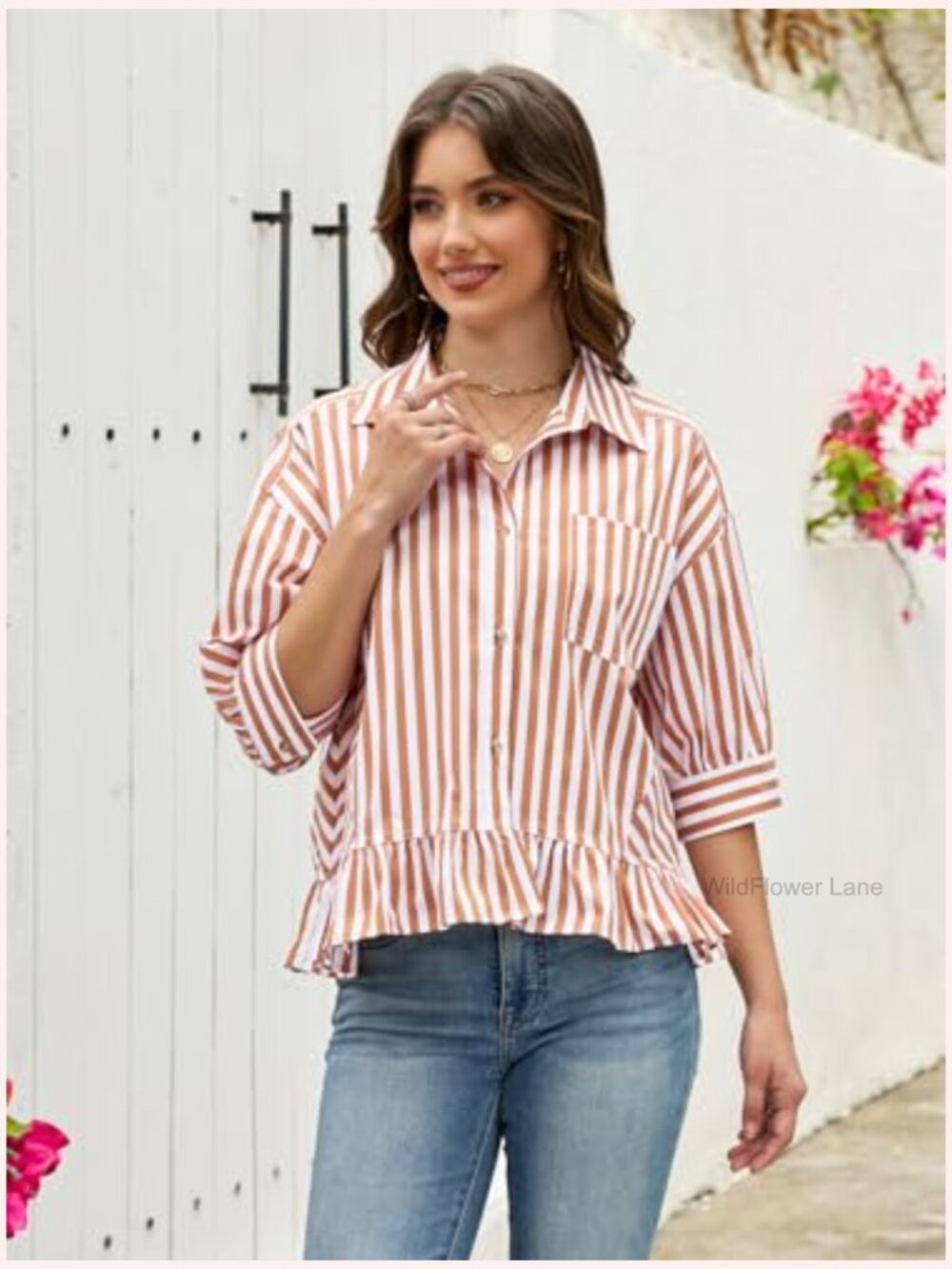 Cropped Striped Button Down Shirt Half Sleeve Ruffle Bottom V Neck Blouse Top - Picture 5 of 7